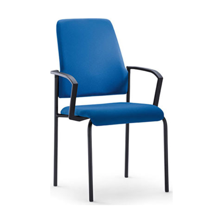 Goal visitor chair by Interstuhl in blue with armrests on four legs.