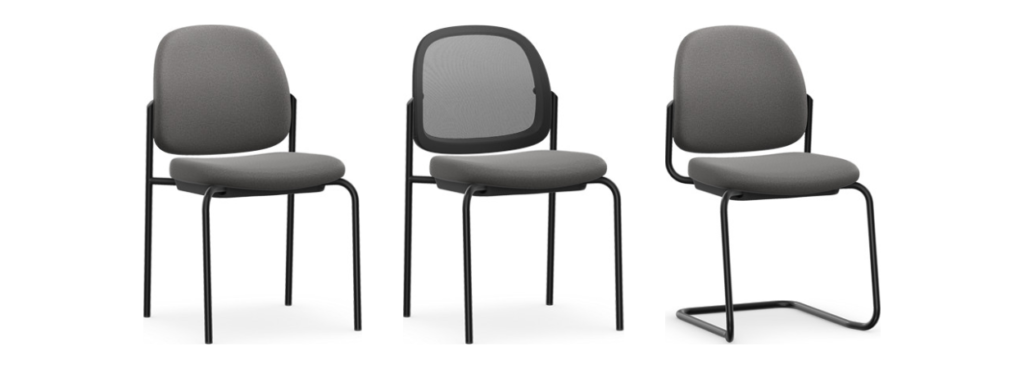 HEJ Visitor Chair от Interstuhl в версиях на четырёх ножках, с сетчатой спинкой и консольной.