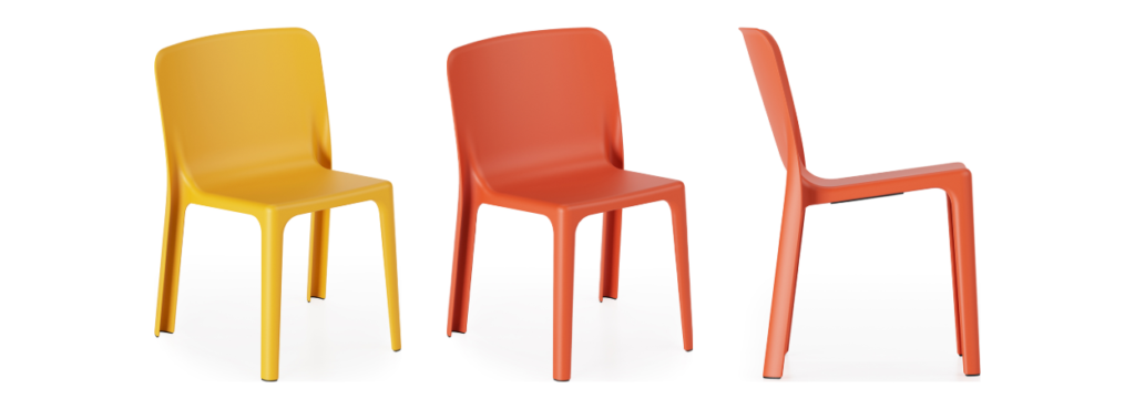 Linnéa Chair by Infiniti in yellow and terracotta, front and side views.