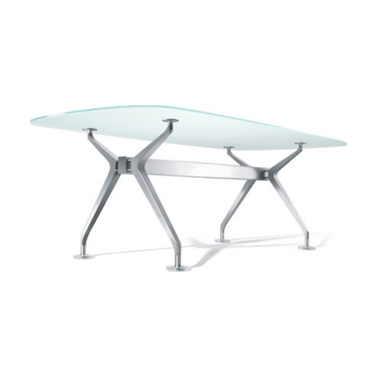 Silver conference table by Interstuhl with sculptural aluminium base.