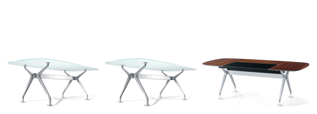 Silver conference tables by Interstuhl in three shapes.