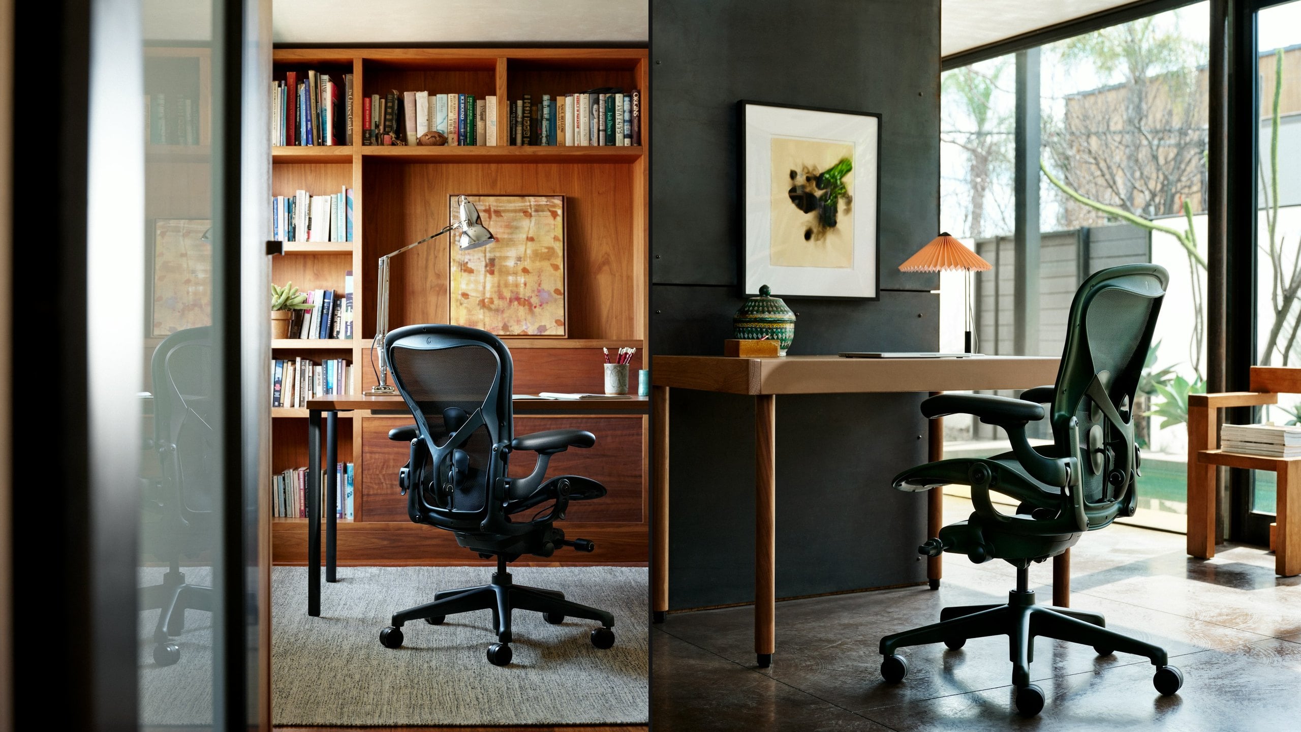 Herman Miller Aeron chairs in the new Nightfall and Jasper colours in two home offices