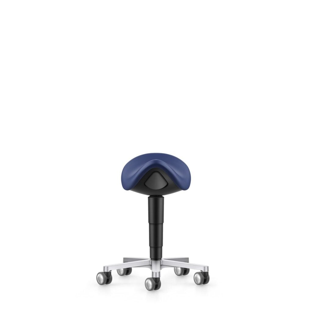 Laboratory saddle stool in blue, side view