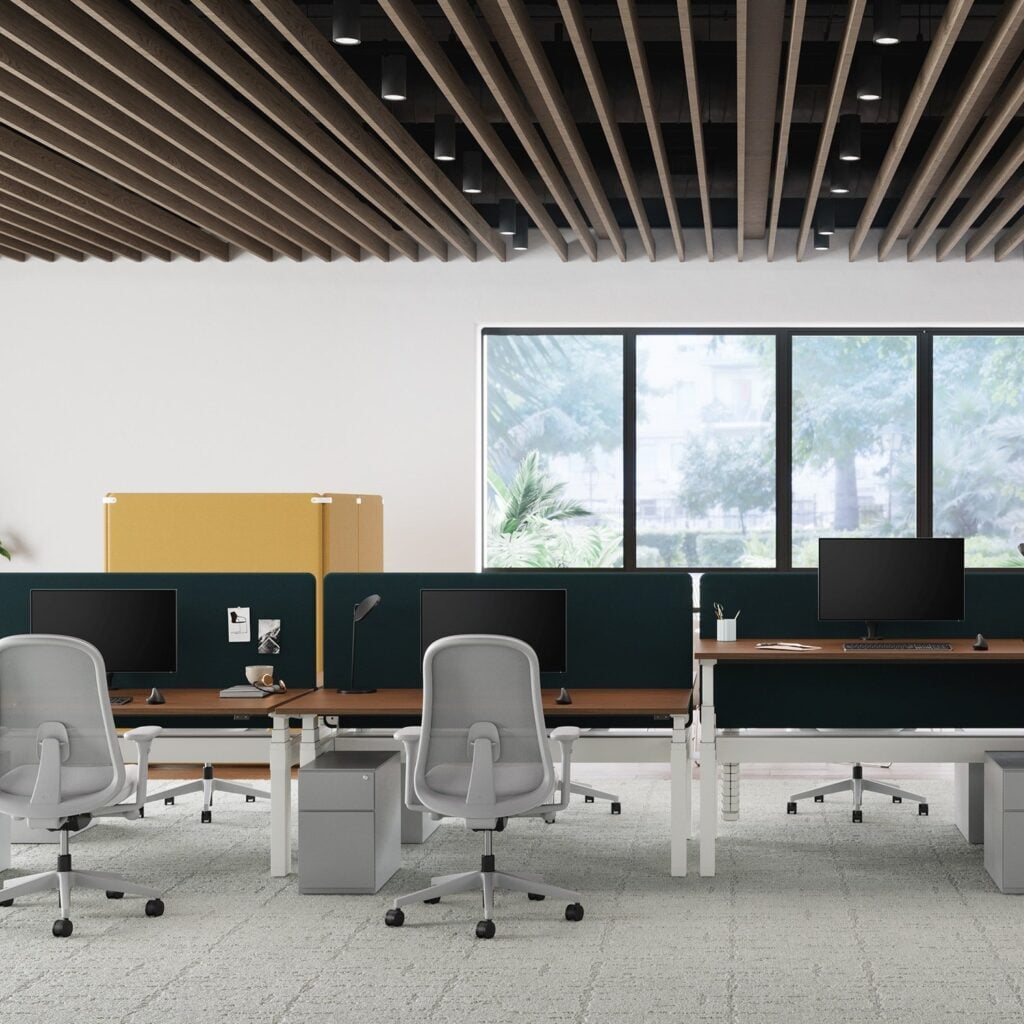 Bound screens on sit-stand desks in an open office
