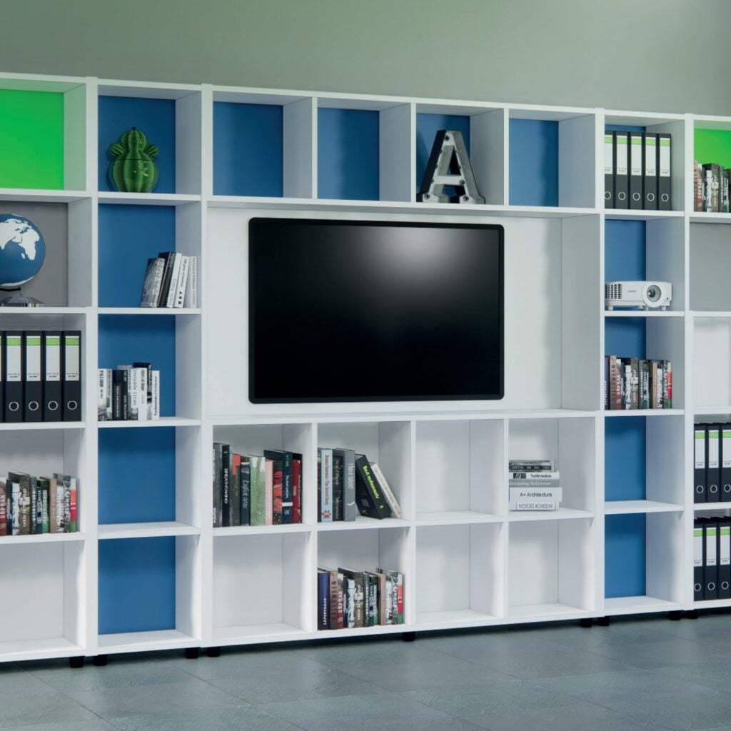 Cube storage wall around a screen with coloured backs