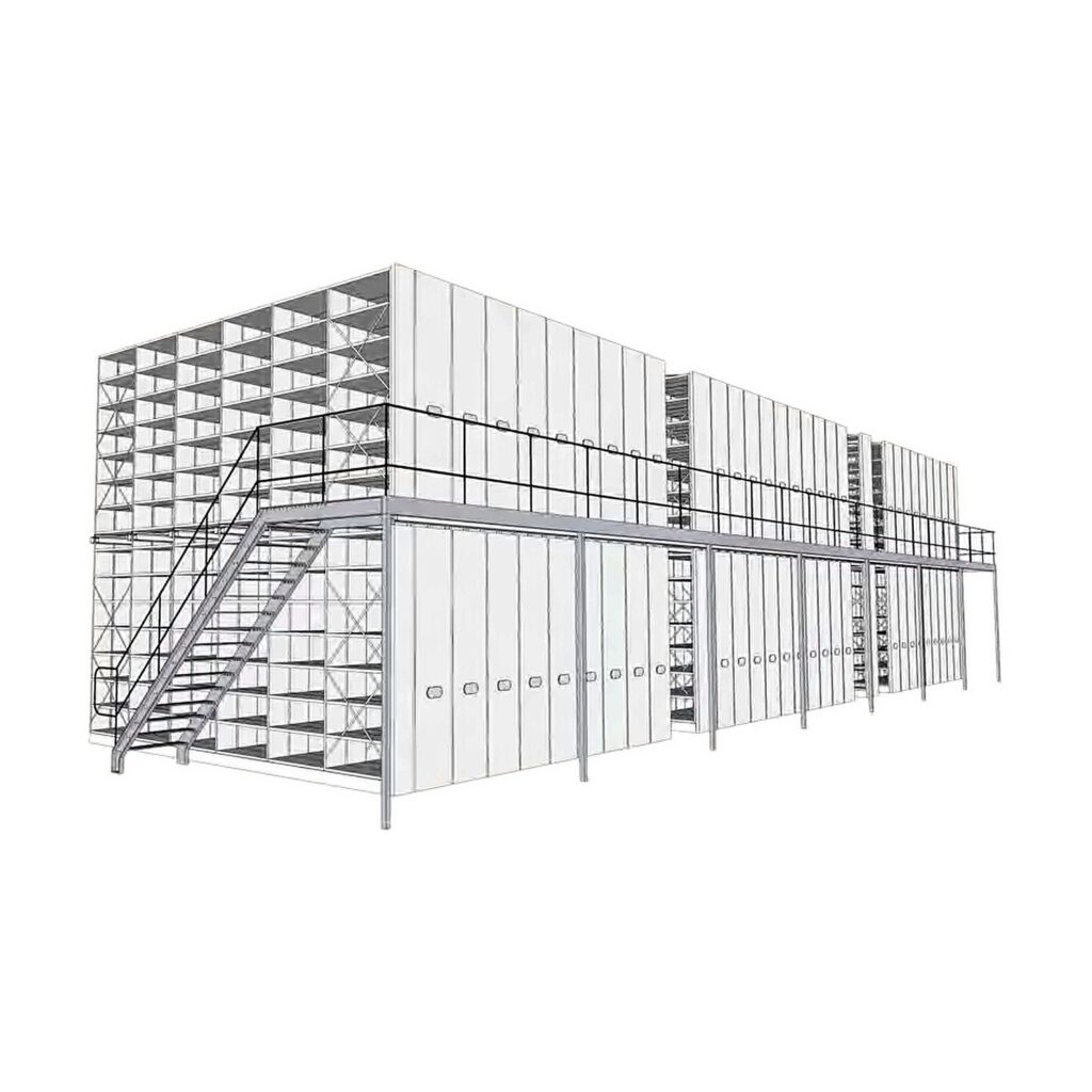 Double-deck mobile archive system with walkway and stairs