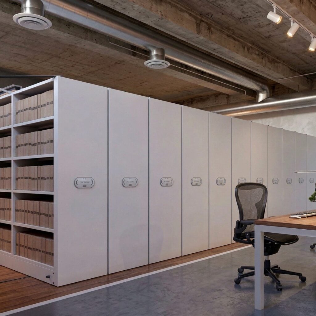 Electric mobile shelving with control panels beside an office desk
