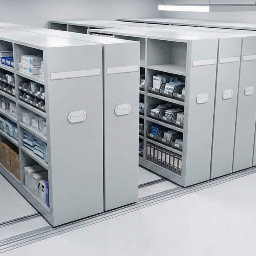 Rows of electric mobile shelving with an aisle open