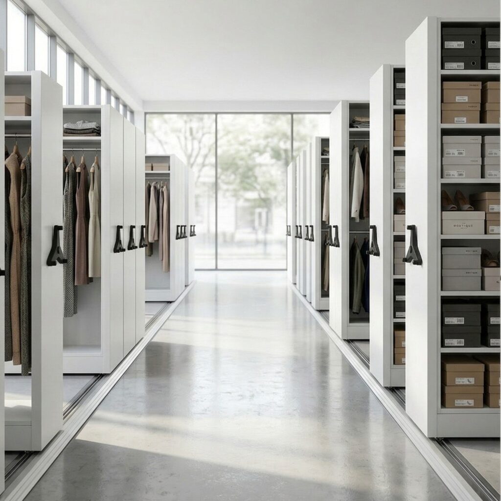 Open aisle between rows of mobile shelving on floor rails