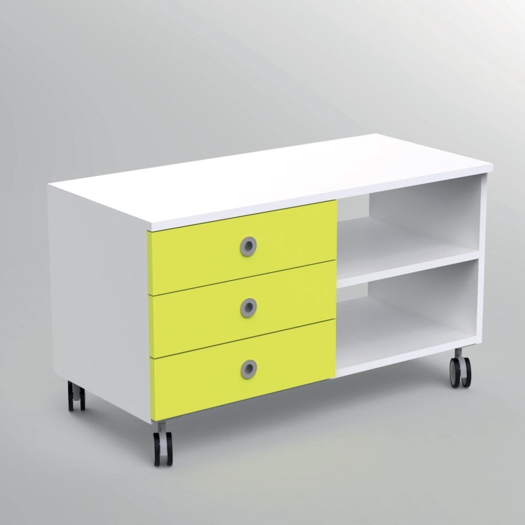 Mobile cabinet with three drawers on wheels