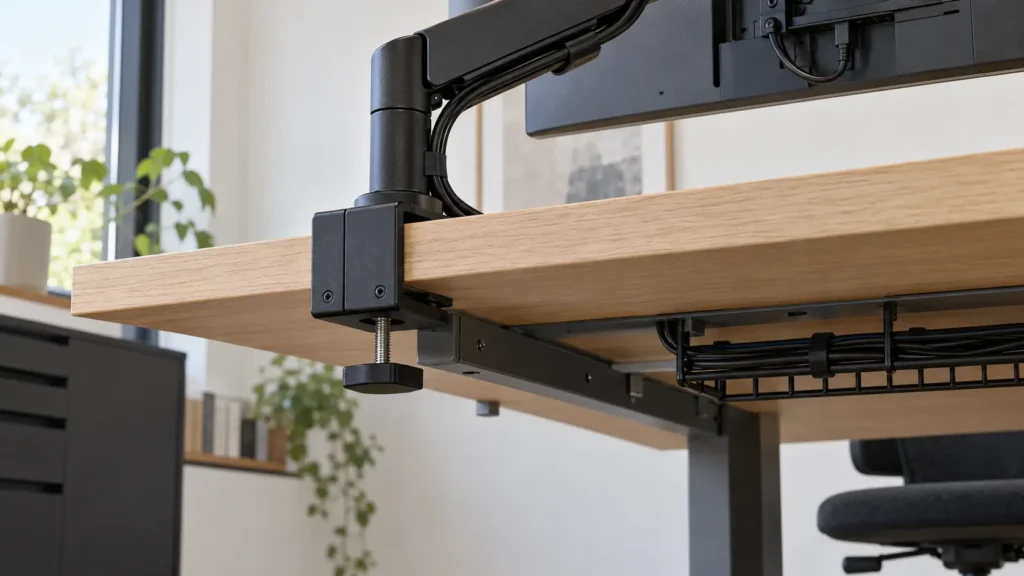 Close view of a monitor arm clamp, desktop edge, support rail and cable tray.