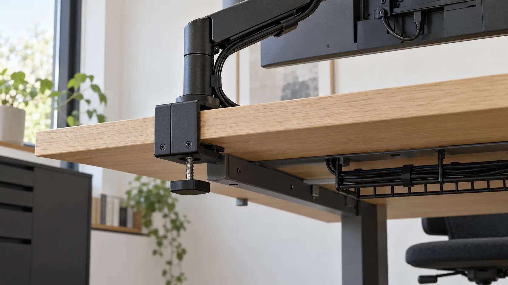 Close view of a monitor arm clamp, desktop edge, support rail and cable tray.