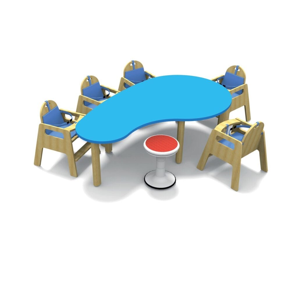 Blue Piedone feeding table with wooden high chairs and an educator stool