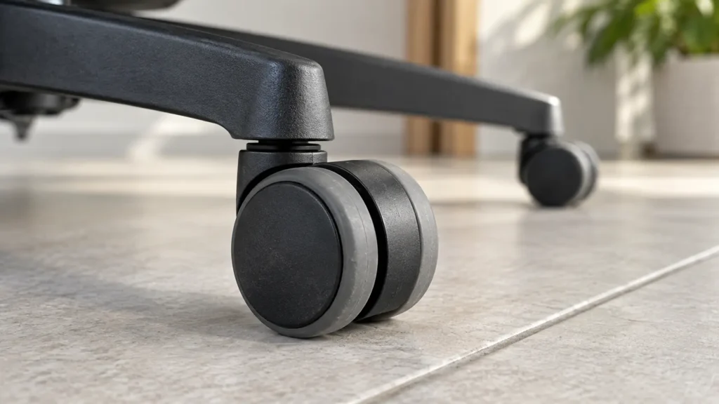 Close view of a twin-wheel office chair castor with grey tread on a pale tiled floor.