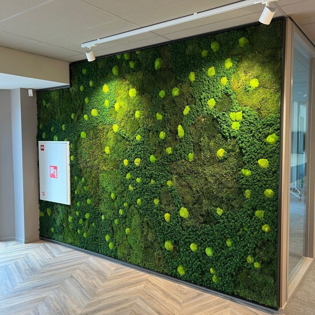 Mixed moss wall with lime accents in an office