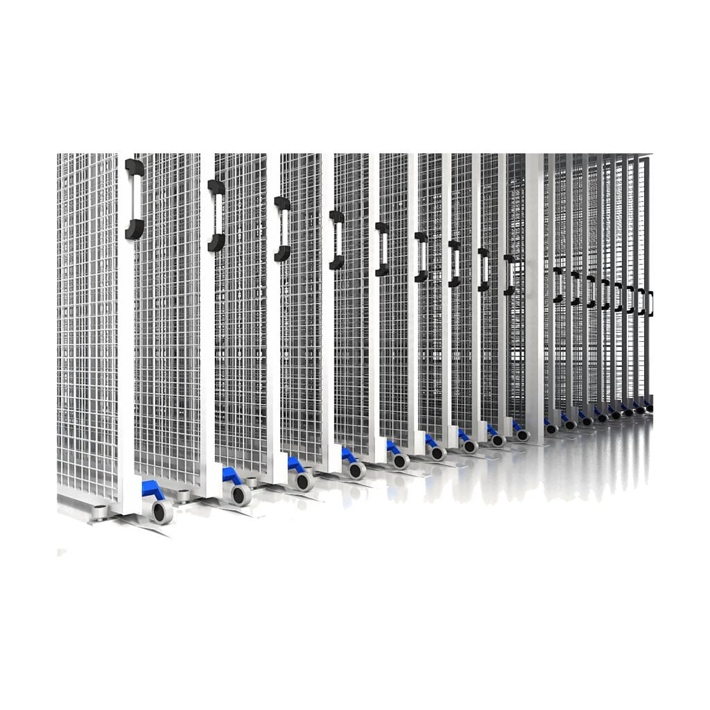Pull-out white mesh art racks on guided wheels