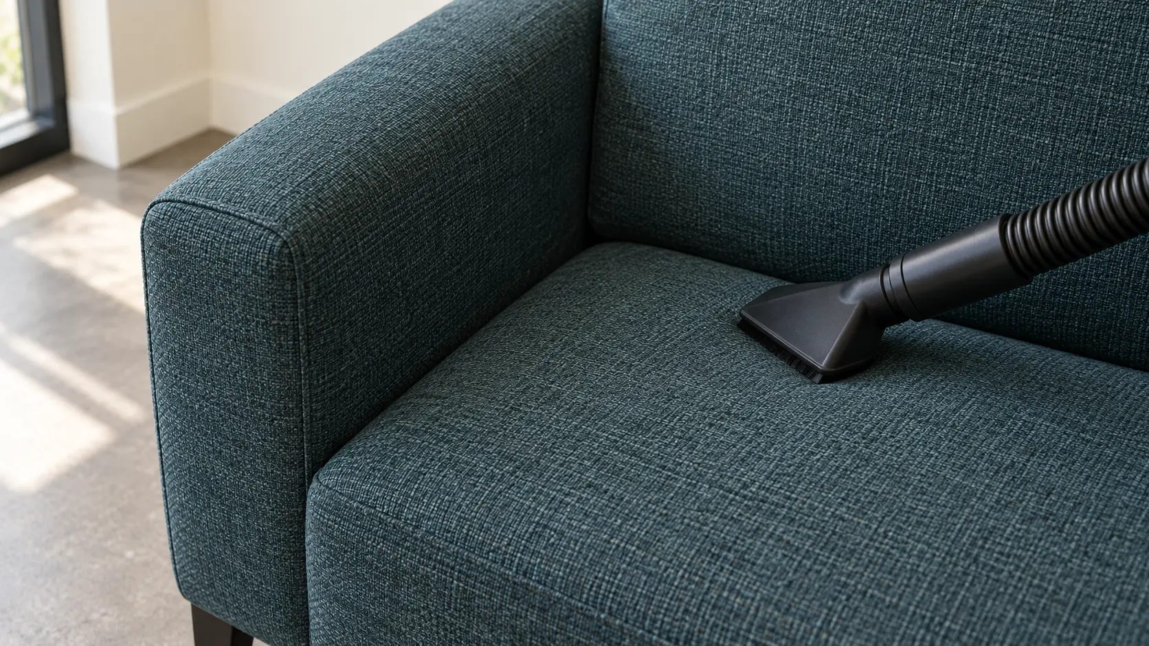 Teal woven upholstery, stitched armrest and seat cushion with an upholstery vacuum attachment.