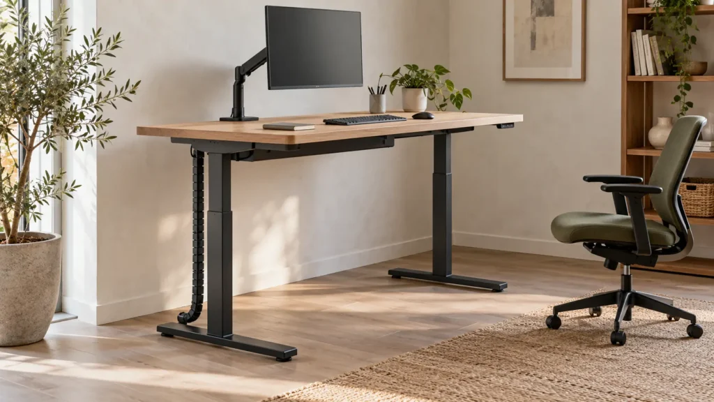 Height-adjustable desk with a monitor arm, cable spine and a task chair positioned clear of the desk.