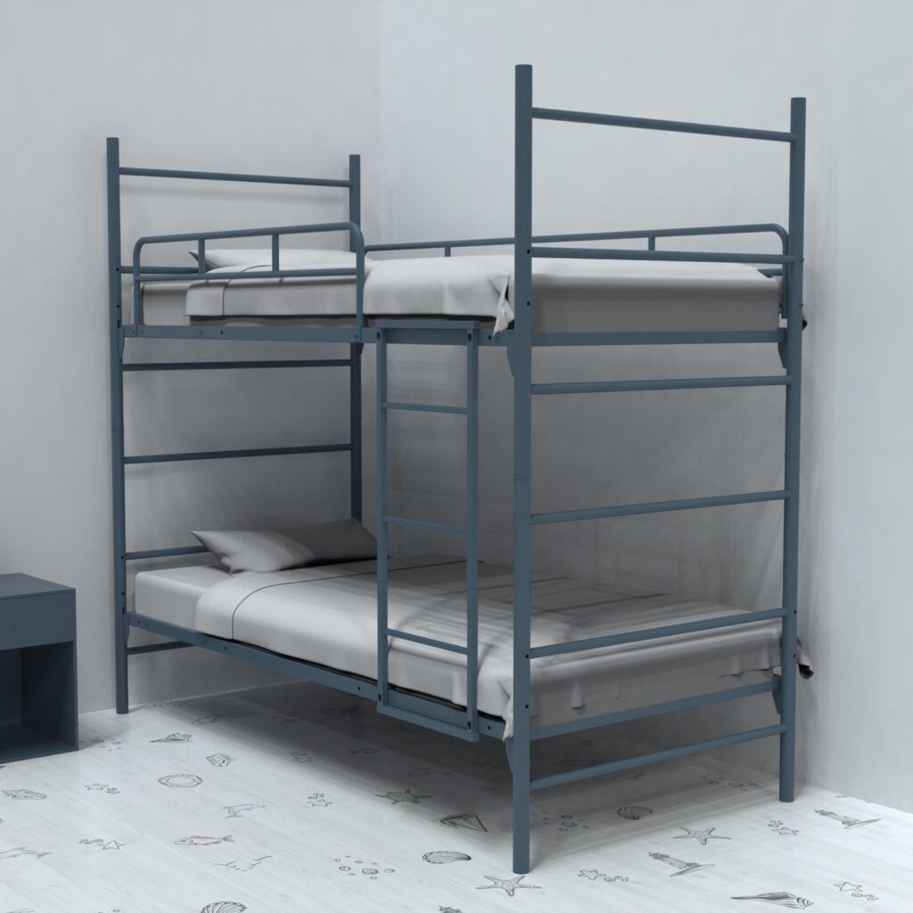 Blue steel bunk bed with full guards and end ladder